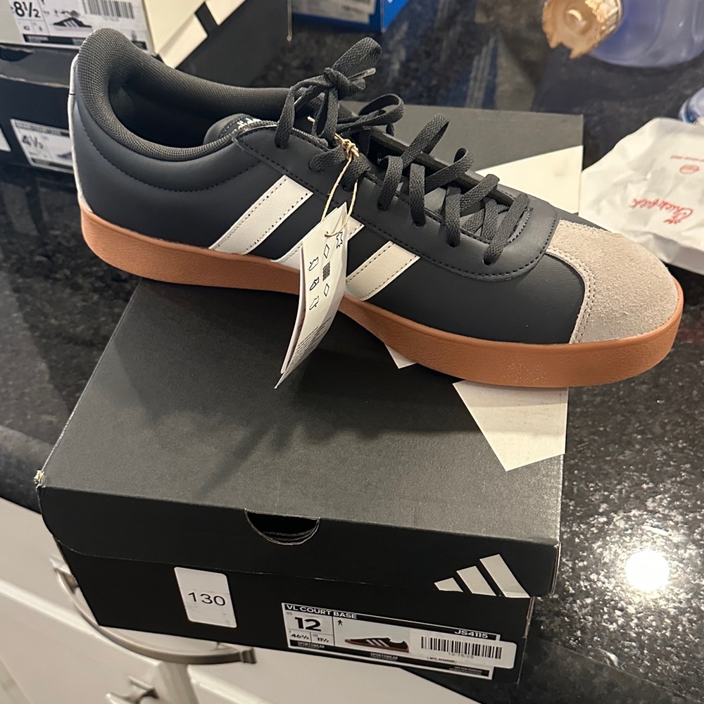 Adidas Men's Black and White Sneakers with Tan Sole new